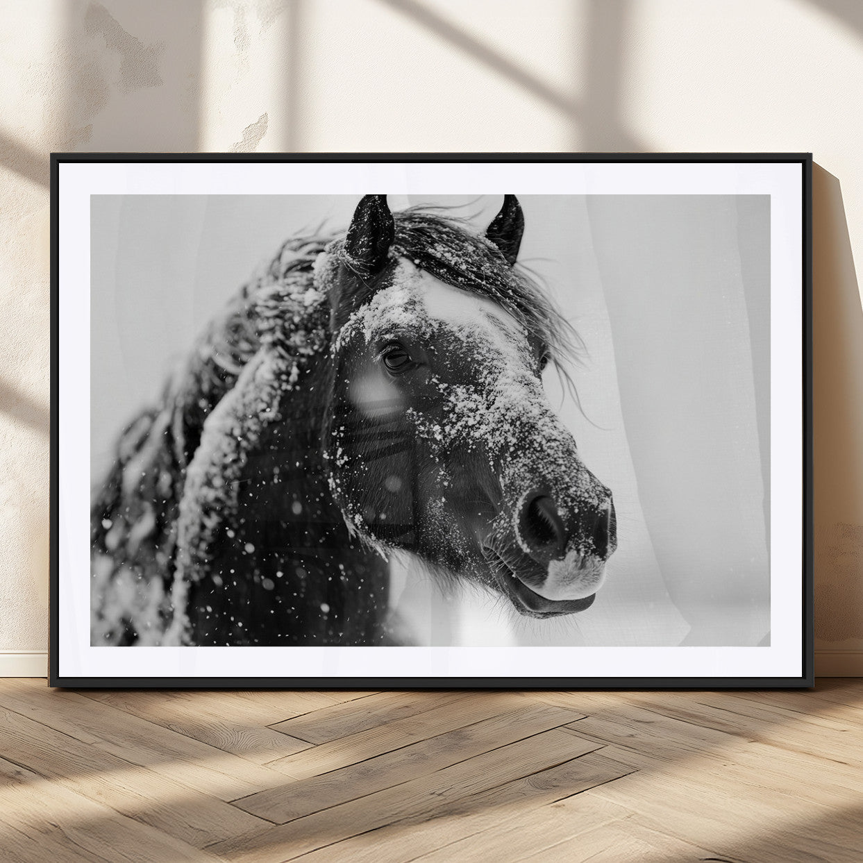MGC-FP-36x24 - Winter Horse Canvas Print | Large 3-Panel Black White Equine Photography for Rustic Farmhouse Wall