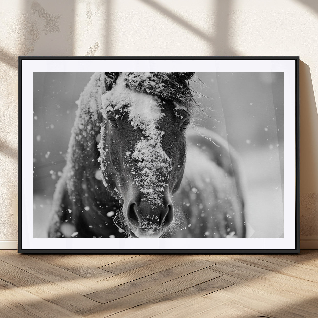 MGC-FP-36x24 - Black and White Horse Winter Wall Art | Ready to Hang and Framed | Farmhouse Wall Decor | Western