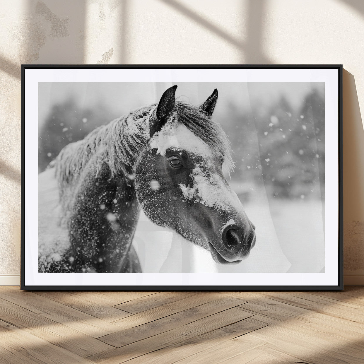 MGC-FP-36x24 - Black Horse Winter Wall Art | Ready to Hang and Framed | Farmhouse and Western Wall Decor for Living