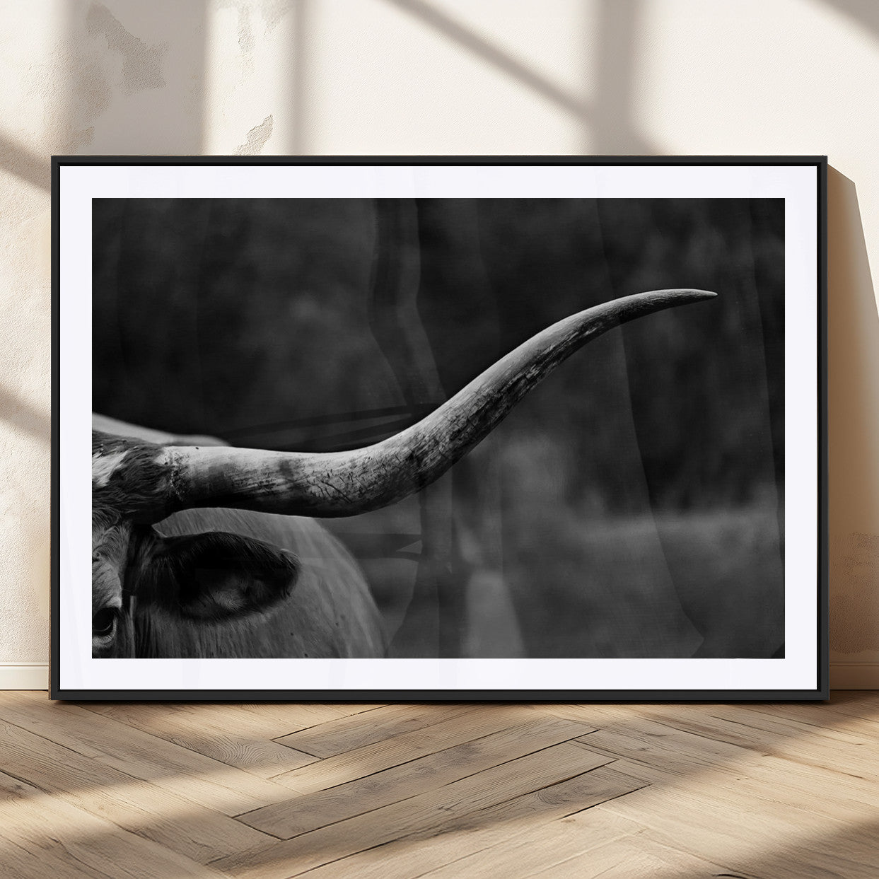 MGC-FP-36x24 - Cow Longhorn Wall Art | Black and White Print | Ready to Hang and Framed | Farmhouse Wall Decor |