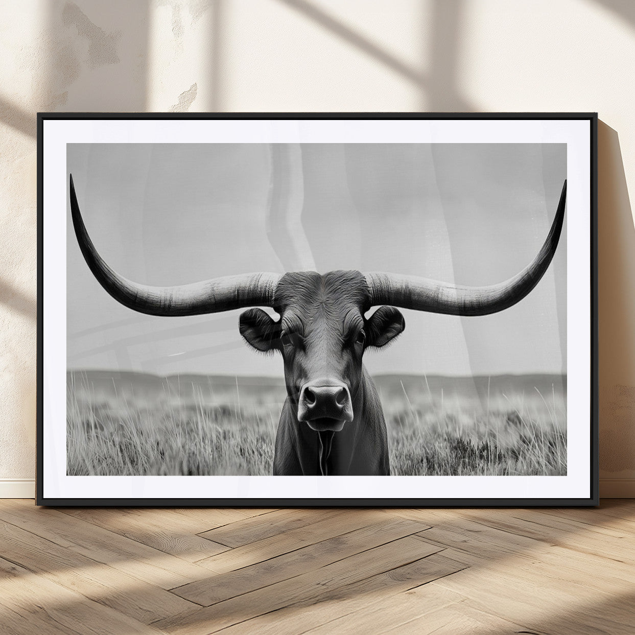 73780-MGC-FP-36x24_Black-Longhorn Bull Canvas Print | Rustic Farmhouse Wall Art | Western Decor | Ready to Hang and Framed