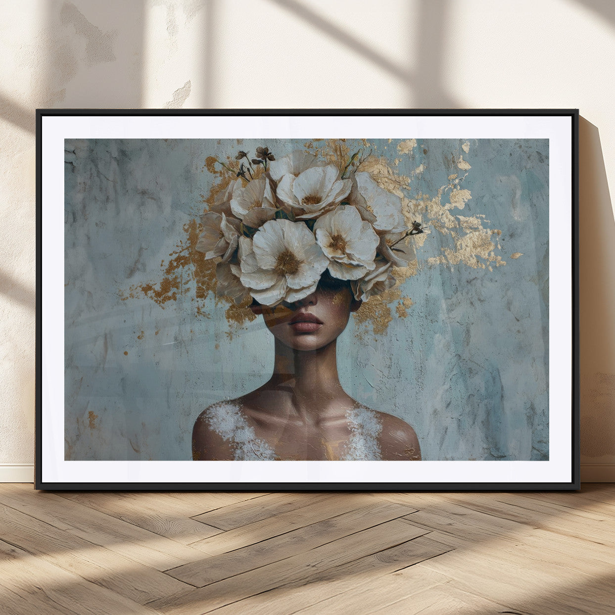 MGC-FP-36x24 - Golden Petal Wall Art - Petal Silhouette Woman Wall Art Canvas Print | Large 3-Panel Canvas with