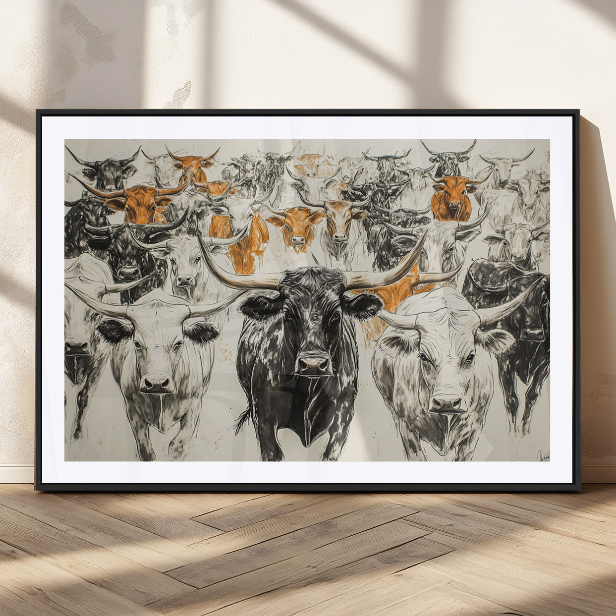 MGC-FP-36x24 - Texas Longhorn Wall Art - Herd Canvas Wall Art Print - Abstract Cow Drawing Wall Art Print for