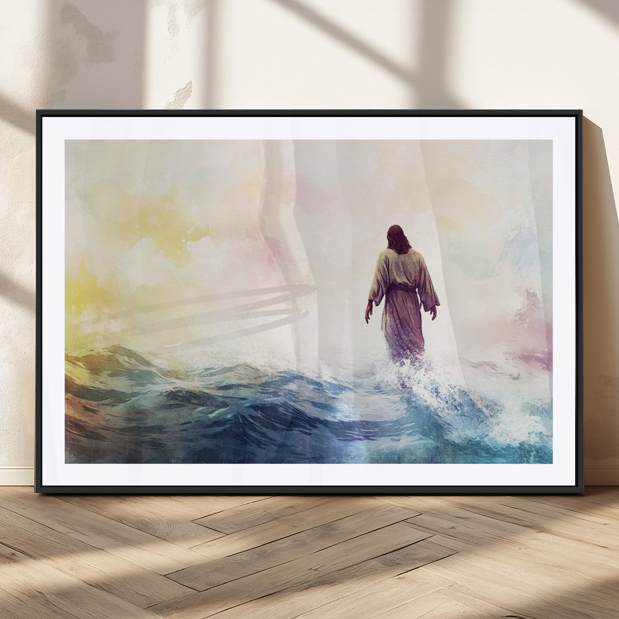 MGC-FP-36x24 - Watercolor Jesus Walking on Water Canvas Print, Christian Wall Art, Jesus Christ Walking