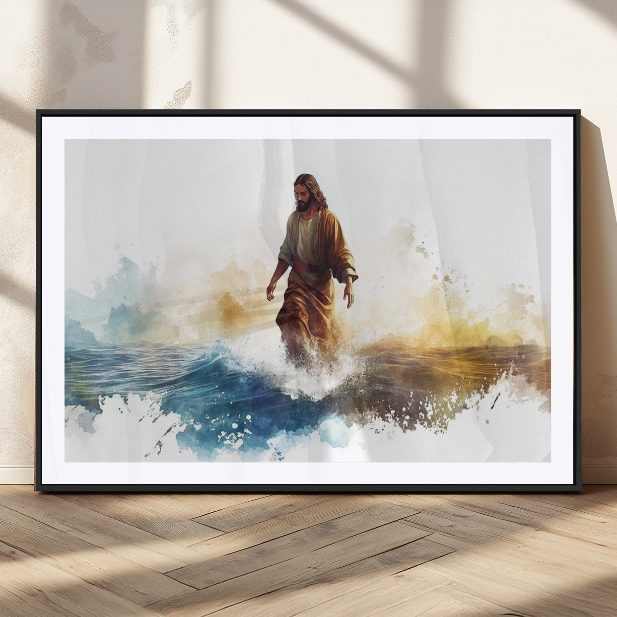 MGC-FP-36x24 - Watercolor Jesus Walking Wall Art Print, Jesus Water Canvas Print, Christian Wall Art, Jesus Christ