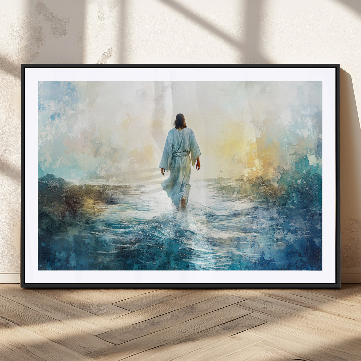 MGC-FP-36x24 - Watercolor Jesus Walking on Water Canvas Print, Christian Wall Art, Jesus Christ Walking