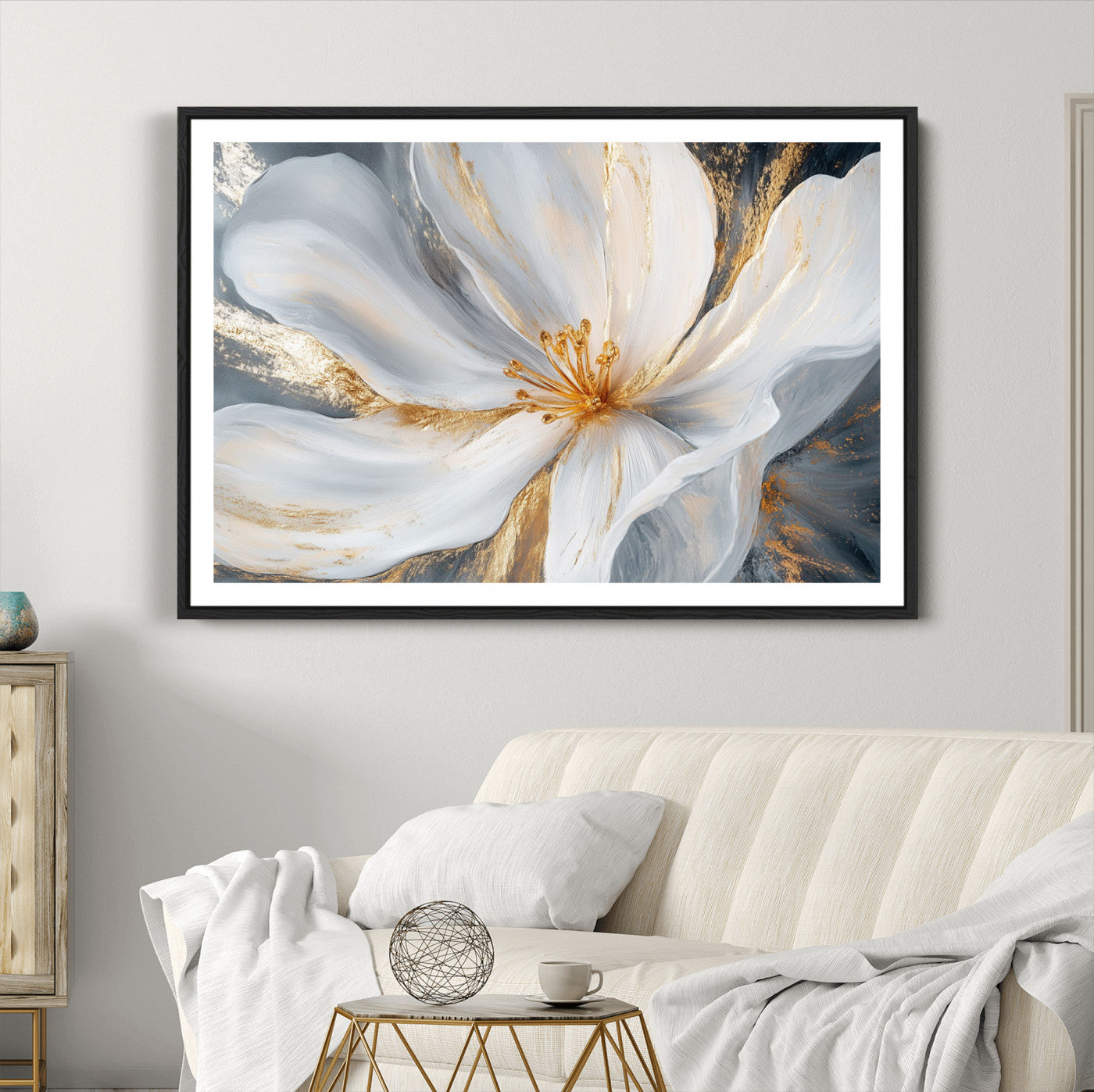 83149-MGC-FP-36x24_Black-White and Gold Floral Canvas Wall Art - Framed and Ready to Hang - Perfect for Modern Living Rooms