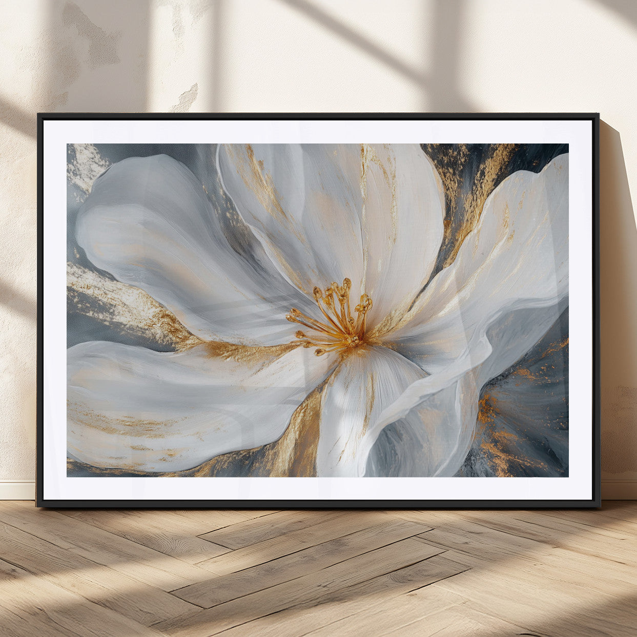 MGC-FP-36x24 - White and Gold Floral Canvas Wall Art - Framed and Ready to Hang - Perfect for Modern Living Rooms