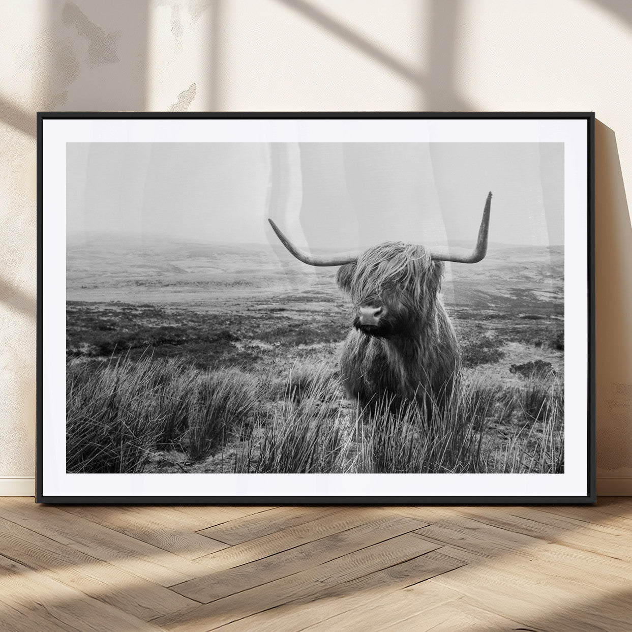 MGC-FP-36x24 - Scottish Highland Cow Wall Art | Black and White Canvas Print | Ready to Hang and Framed | Rustic