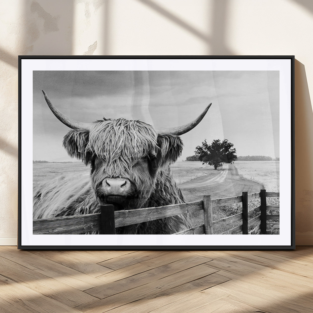 MGC-FP-36x24 - Scottish Highland Cow Wall Art | Rustic Farmhouse Décor | Black and White Ready to Hang Canvas Print