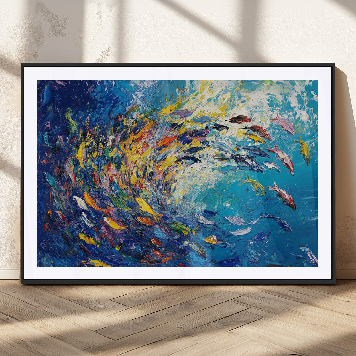 MGC-FP-36x24 - Colorful Swirling Fish School Wall Art Canvas Print | Oceanic Abstract Painting | Ready to Hang |