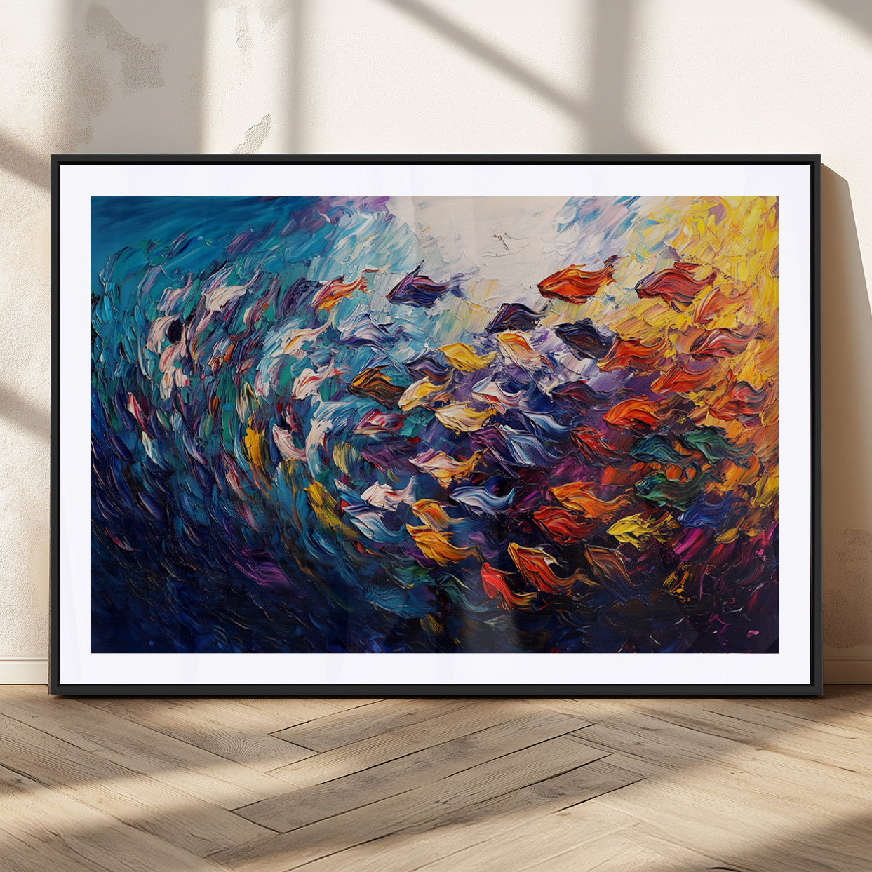 MGC-FP-36x24 - Vibrant Abstract Fish Swarm Art – Colorful Fish Inspired 3-Piece Canvas Wall Art for Living Room or