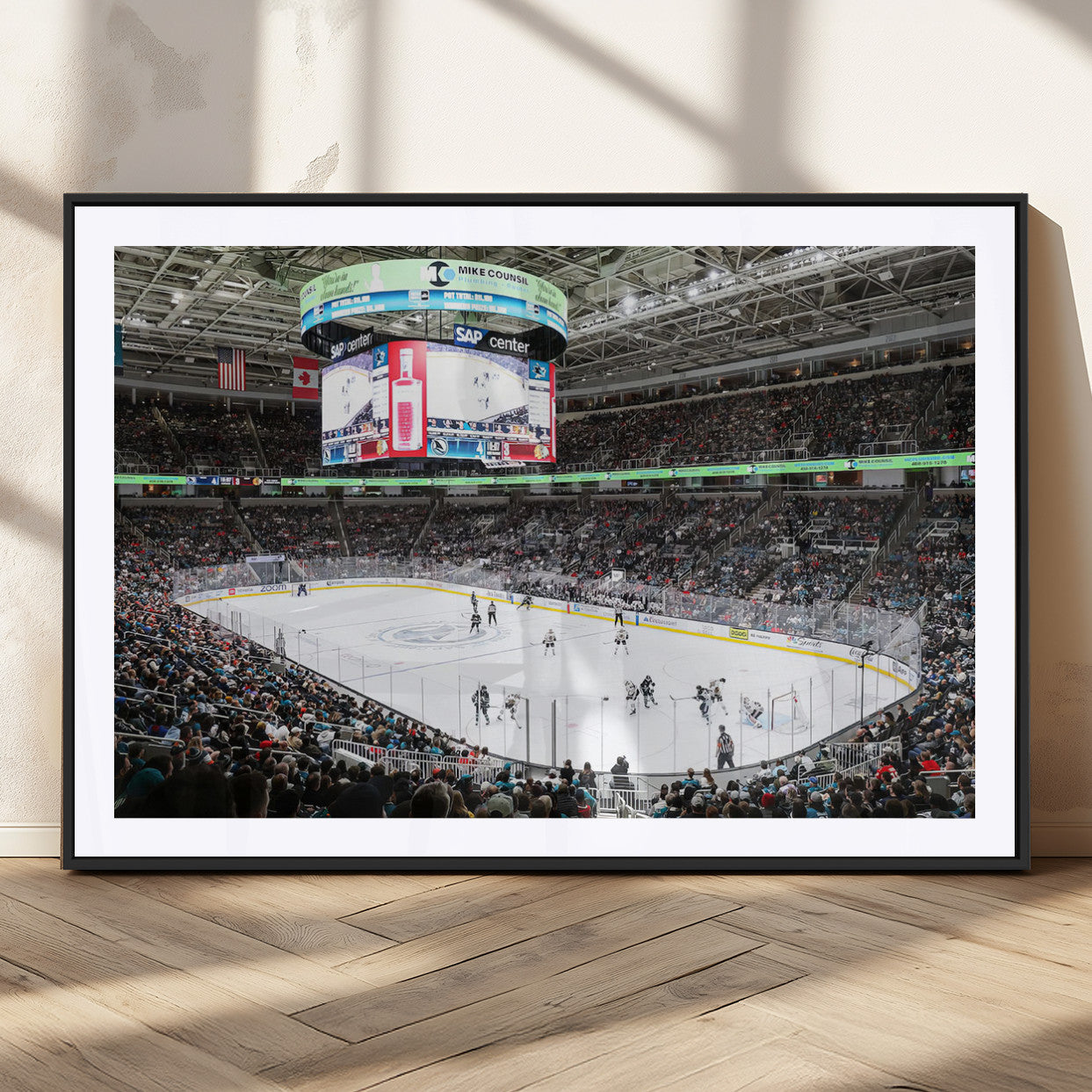 MGC-FP-36x24 - Sharks Arena Blackhawks Sharks Ice Hockey Stadium Wall Art Canvas Print, Framed Blackhawks Sharks