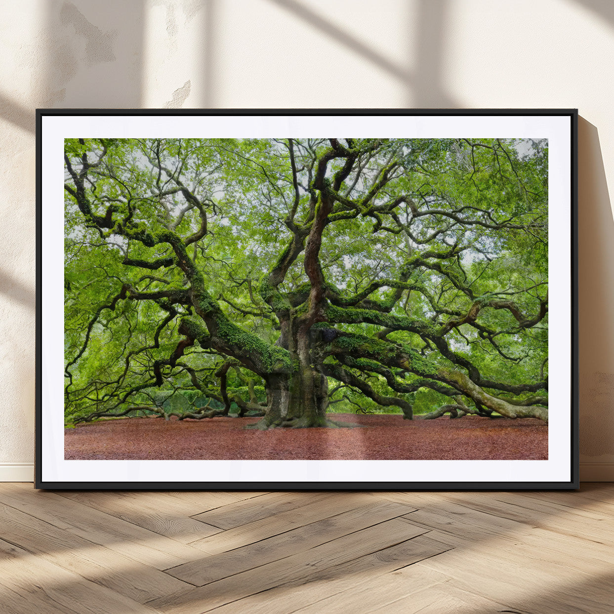 MGC-FP-36x24 - Framed Angel Oak Tree Wall Art - 3-Panel Canvas Prints, Large Green Nature Artwork, Ready to Hang