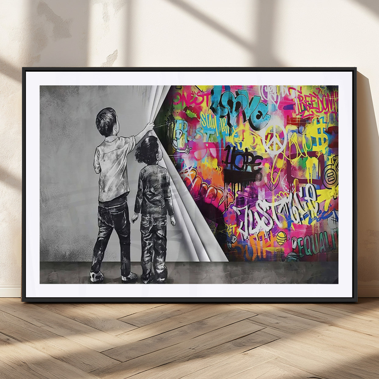 MGC-FP-36x24 - Banksy Print - Street Art Canvas Wall Art - Kids Revealing Graffiti, Urban Modern Decor for Living