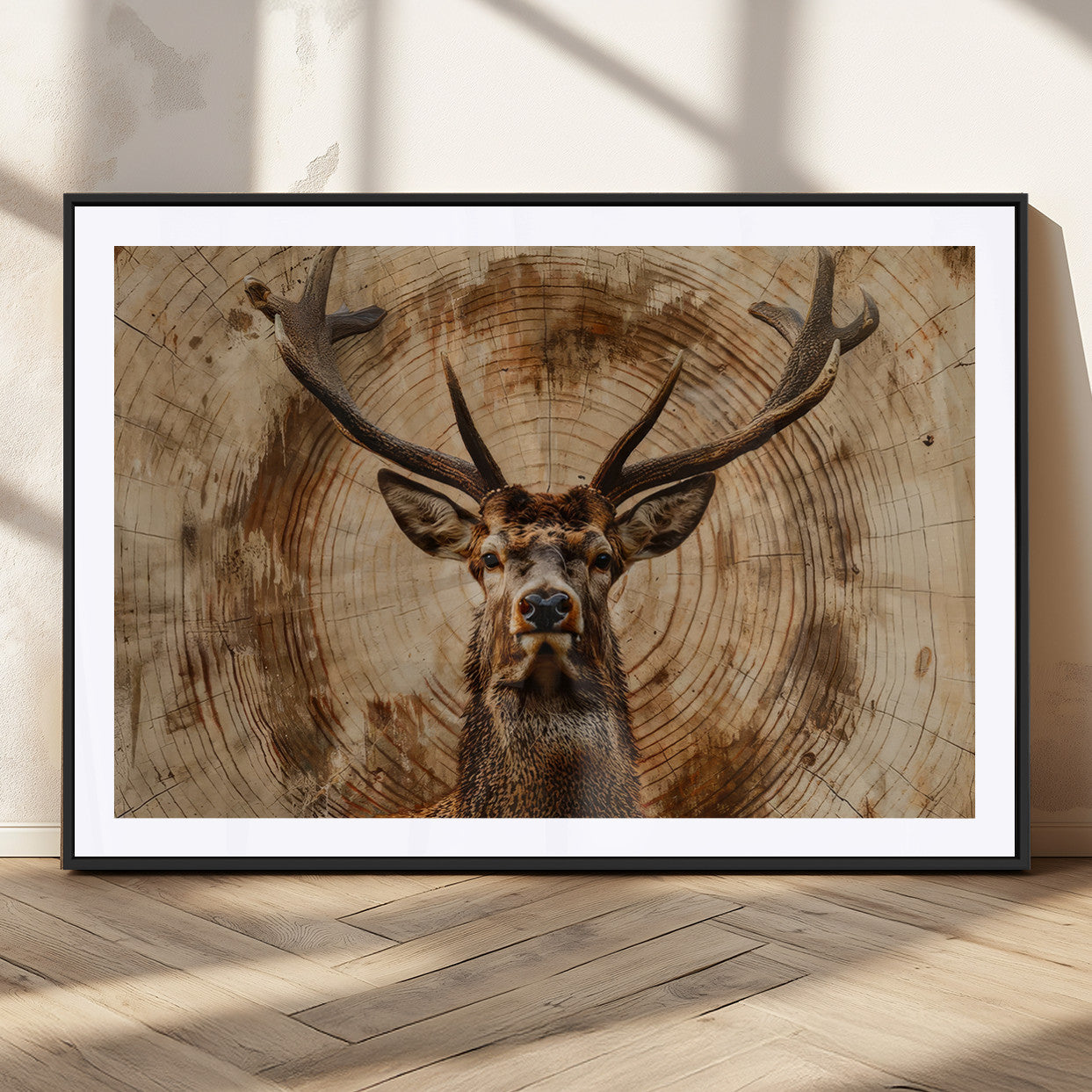 MGC-FP-36x24 - Wood Abstract Deer Wall Art | Rustic Wildlife Canvas Print | Ready to Hang Stag Head Triptych for