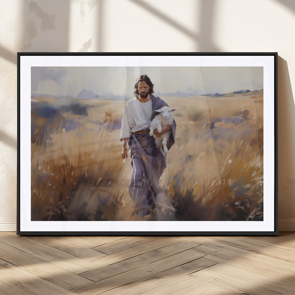 MGC-FP-36x24 - Jesus the Good Shepherd Wall Art Canvas Print - Lost Lamb Print for Prayer Room Decor
