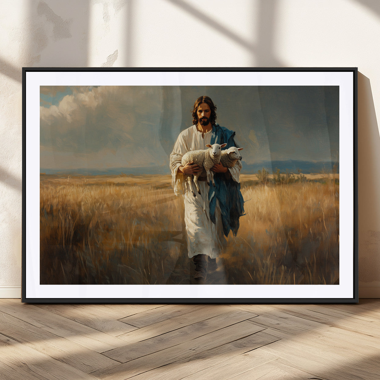 MGC-FP-36x24 - Jesus Shepherd Wall Art | Ready to Hang Triptych Canvas of Jesus Holding a Lamb in a Field |