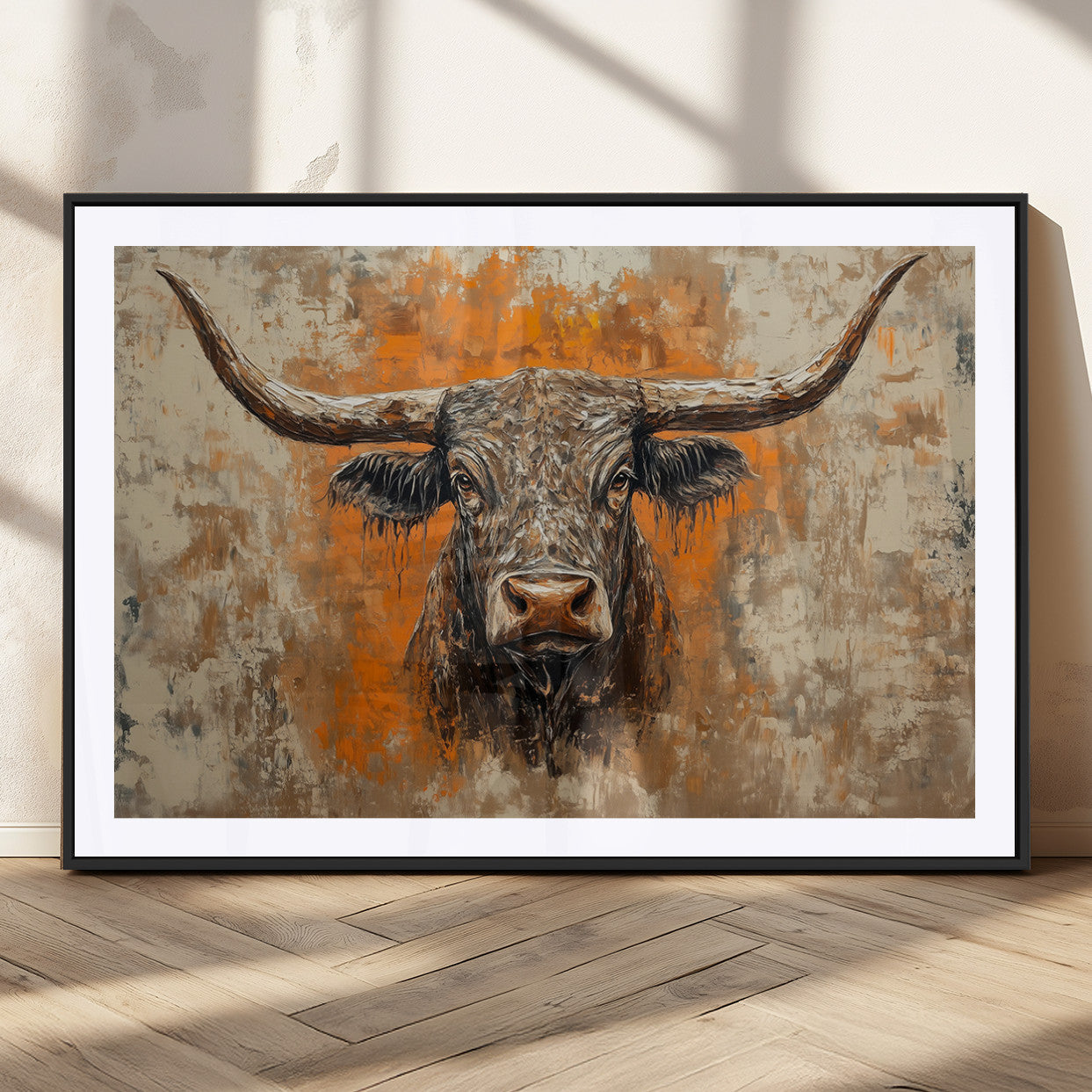 MGC-FP-36x24 - Abstract Cow Longhorn Bull Wall Art Canvas Print - Rustic Texas Western Cattle Artwork