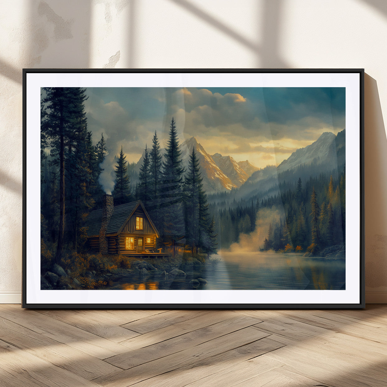 MGC-FP-36x24 - Mountain Cabin by the Lake at Sunset Wall Art - Serene Nature Canvas Print for Living Room Decor,
