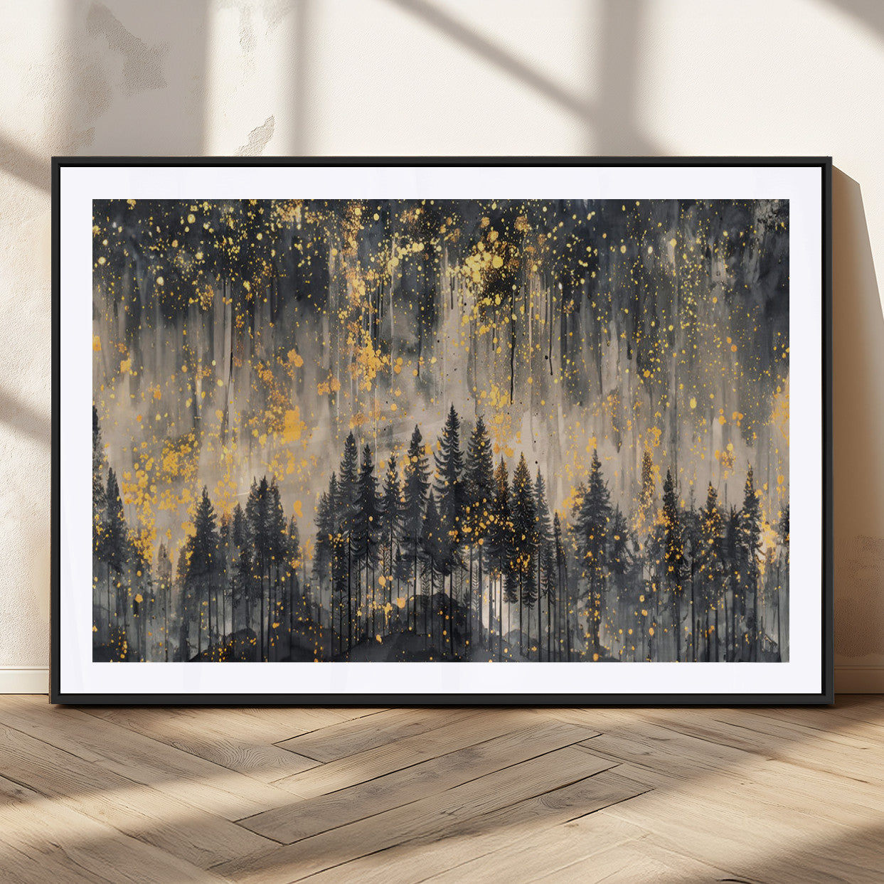 MGC-FP-36x24 - Golden Forest Abstract Wall Art | Dark Forest with Gold Splatter Accents | Triptych Ready to Hang