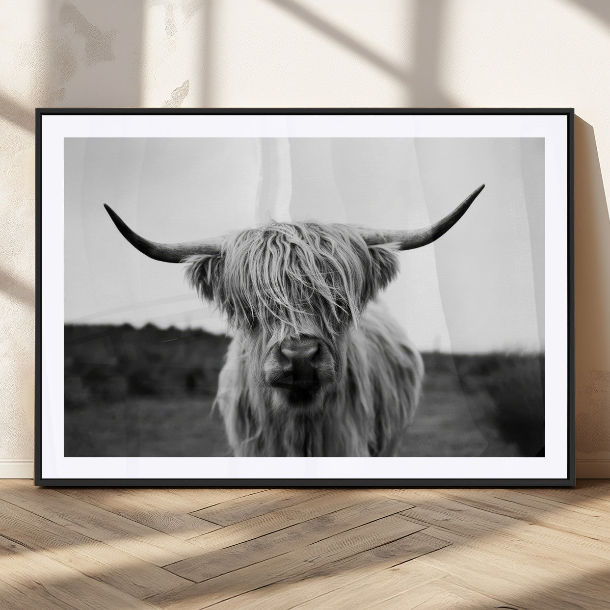 MGC-FP-36x24 - Highland Cow Wall Art | Black and White Farmhouse Decor | Triptych Canvas Print | Rustic Barn Decor