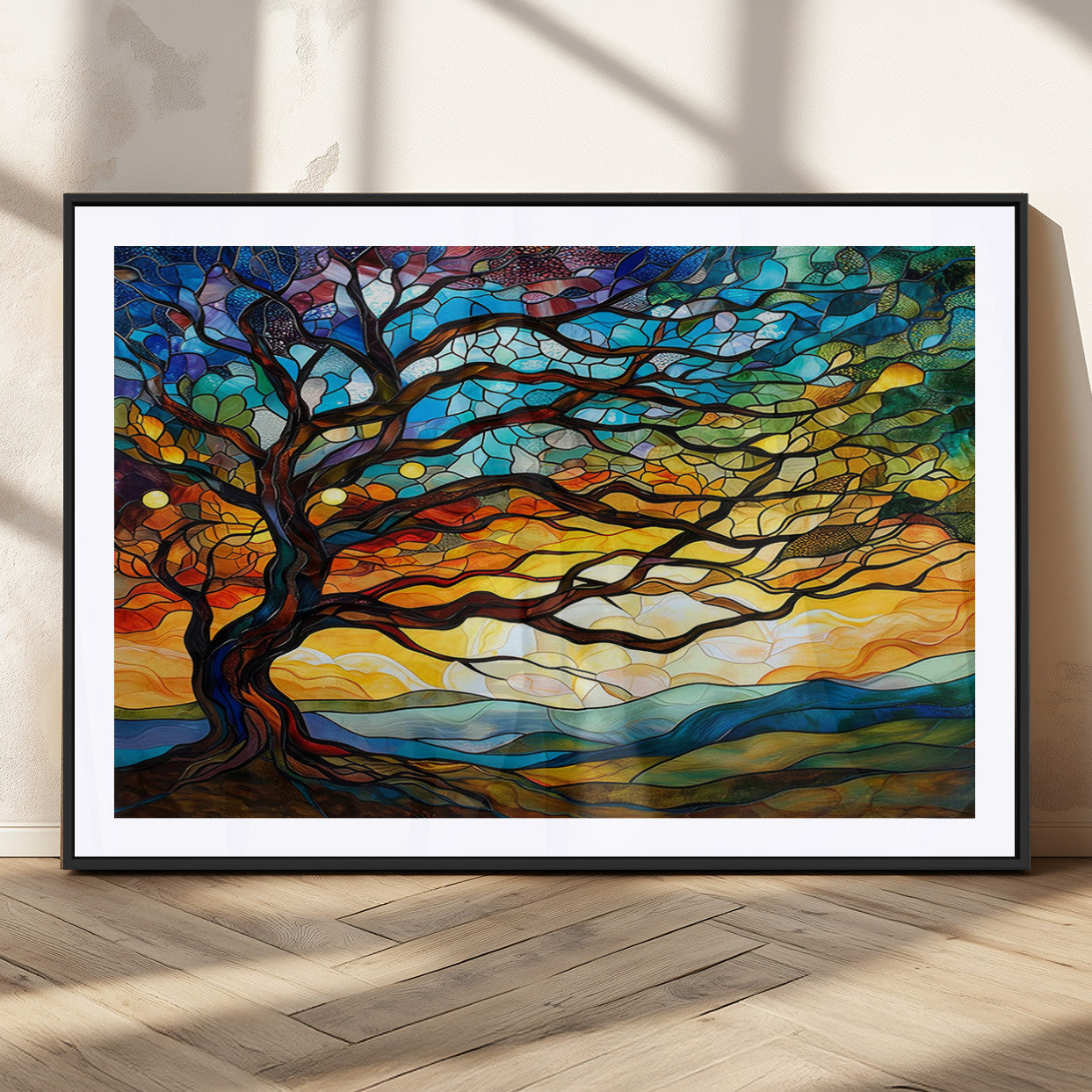 MGC-FP-36x24 - Mosaic Tree Wall Art | Ready to Hang Stained Glass Style Canvas Print | Farmhouse Wall Decor, Cabin