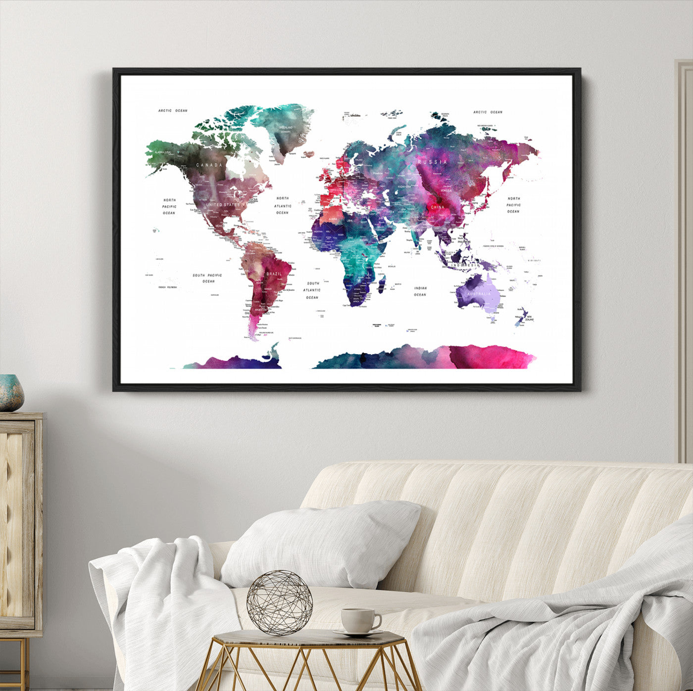 78176-MGC-FP-36x24_Black-Push Pin World Map Canvas Print – Framed Wall Art for Couples to Track Their Travels – Anniversary Gift or Home Adventure Decor