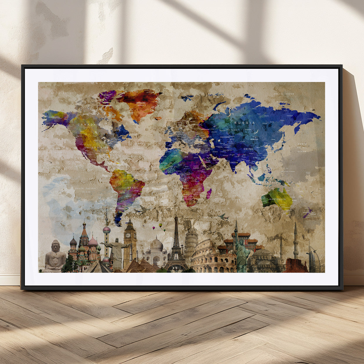 MGC-FP-36x24 - Push Pin World Map Canvas Print – Framed Wall Art for Couples to Track Their Travels – Anniversary