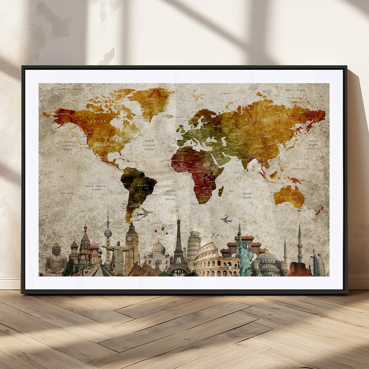 MGC-FP-36x24 - Push Pin World Map Canvas Print – Framed Wall Art for Couples to Track Their Travels – Anniversary