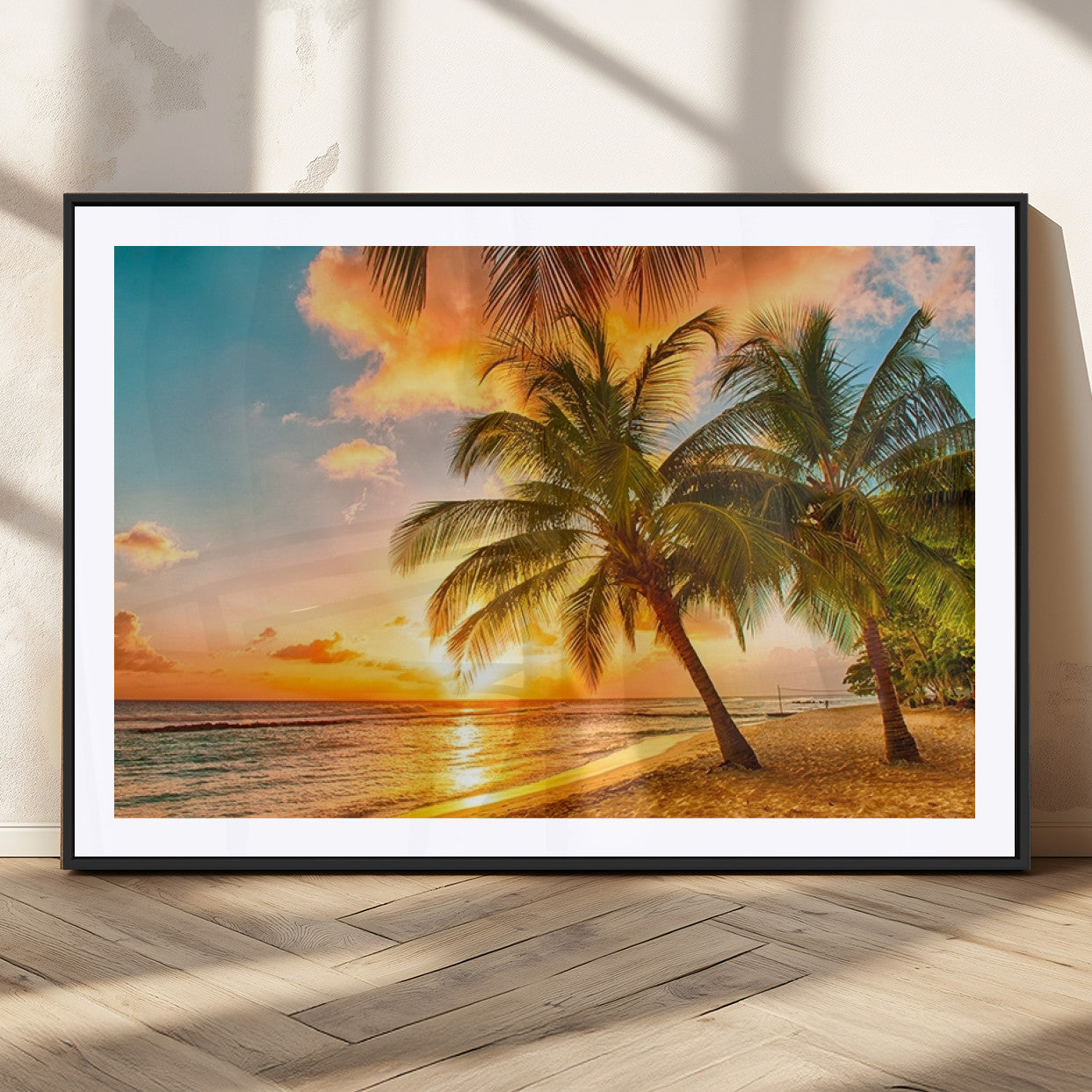 MGC-FP-36x24 - Tropical Sunset Beach Canvas Wall Art Print – Vibrant Palm Trees and Coastal Sunset Wall Decor for