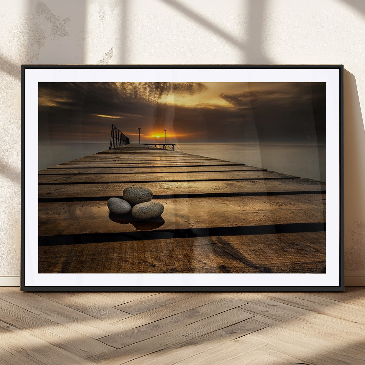MGC-FP-36x24 - Stones on Wooden Pier at Sunset Canvas Print, Serene Coastal Wall Art, Beach Sunset Photography,