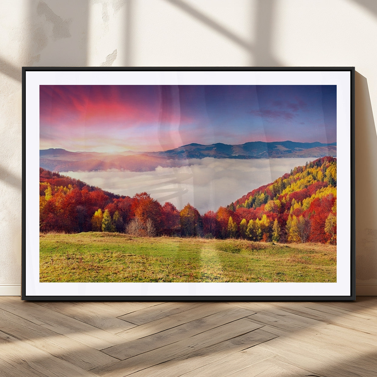 MGC-FP-36x24 - Autumn Mountain Foggy Landscape Wall Art Canvas Print | Beautiful Forest Canvas Print | Misty