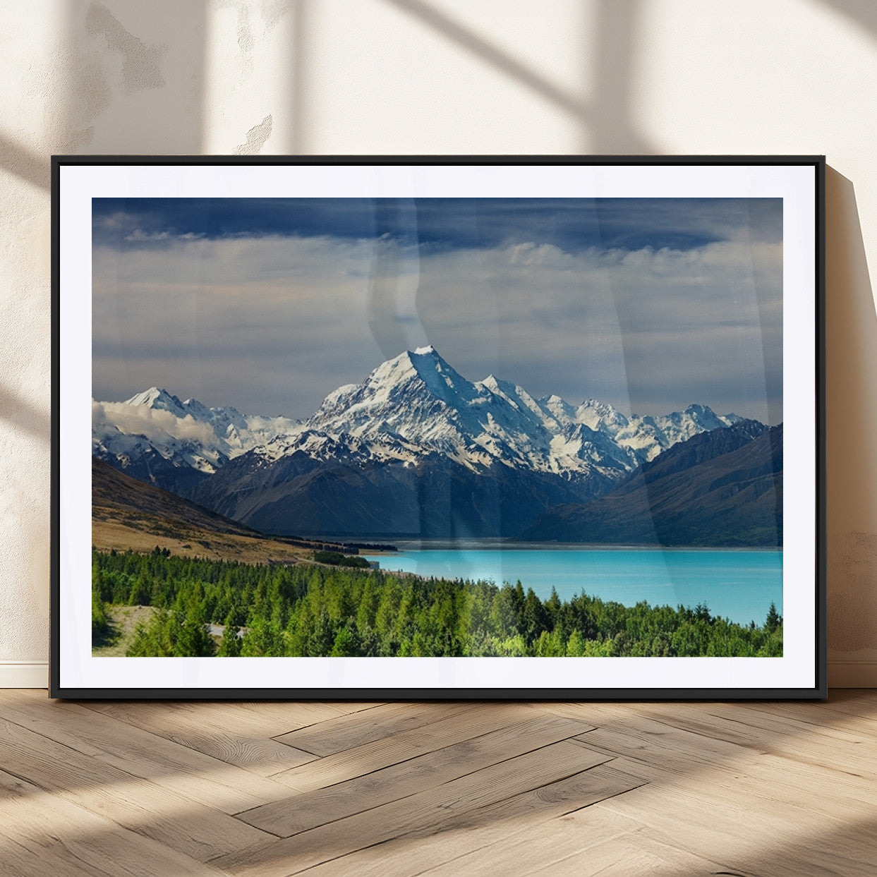 MGC-FP-36x24 - Mount Cook and Lake Pukaki Canvas Wall Art Print – Majestic Snow-Capped Peaks and Serene Lake Wall