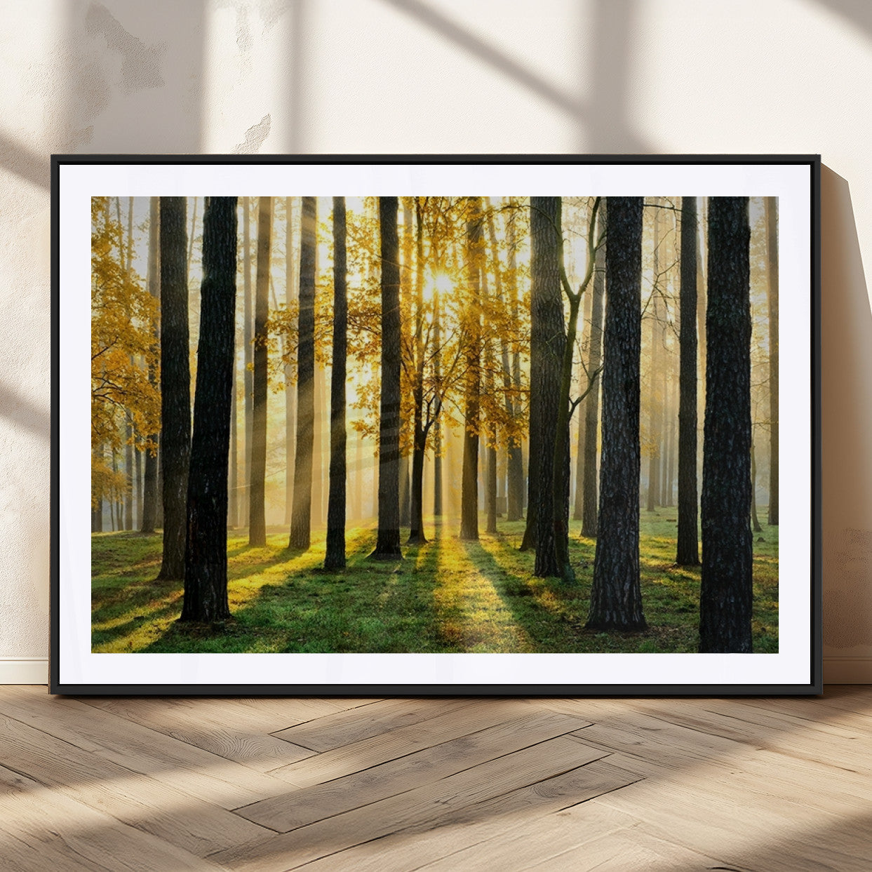 MGC-FP-36x24 - Sunlit Forest Canvas Wall Art – Serene Woodland Triptych Landscape Print – Nature-Inspired Decor for