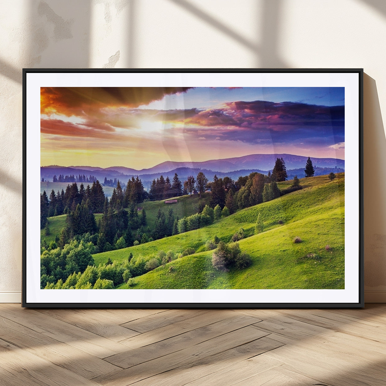 MGC-FP-36x24 - Green Hills and Sunset Wall Art Print - Scenic Landscape with Lush Greenery and Vibrant Sky, Ready