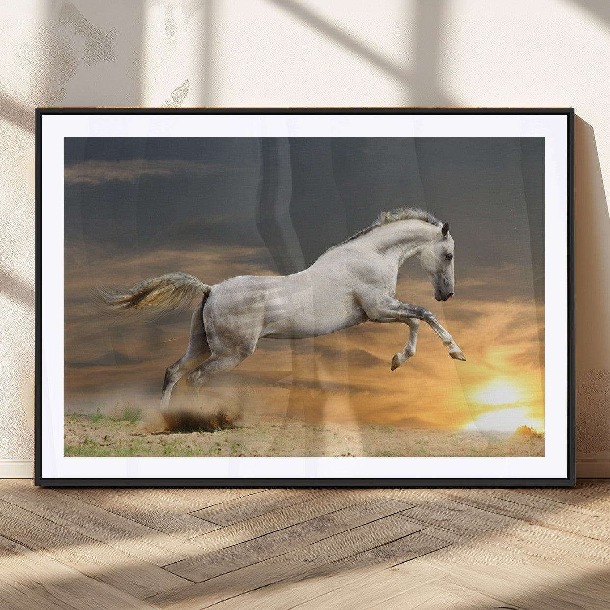 MGC-FP-36x24 - Large Wall Art Animal Canvas Print - White Jumping Horse at Sunset
