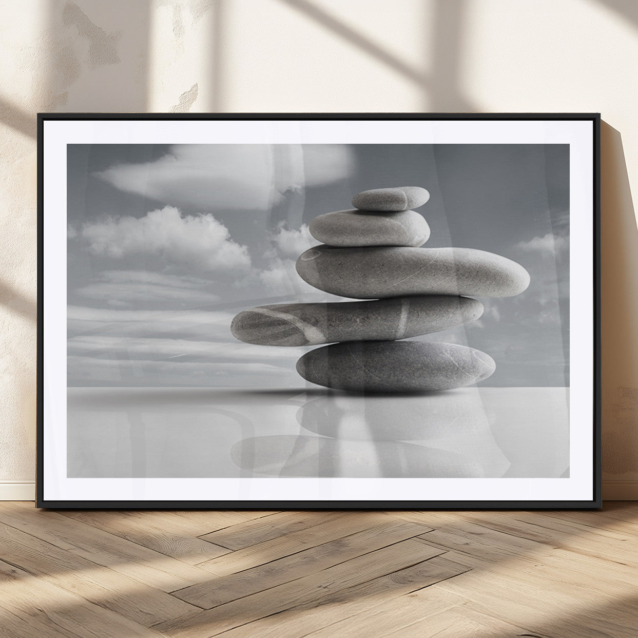 MGC-FP-36x24 - Still Life Black and White Zen Stones Wall Art Canvas, Framed Black and White Zen Stones Canvas