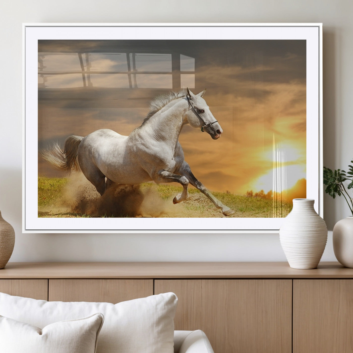 MGC-FP-36x24 - Large Wall Art Galloping White Horse at Sunset Canvas Print