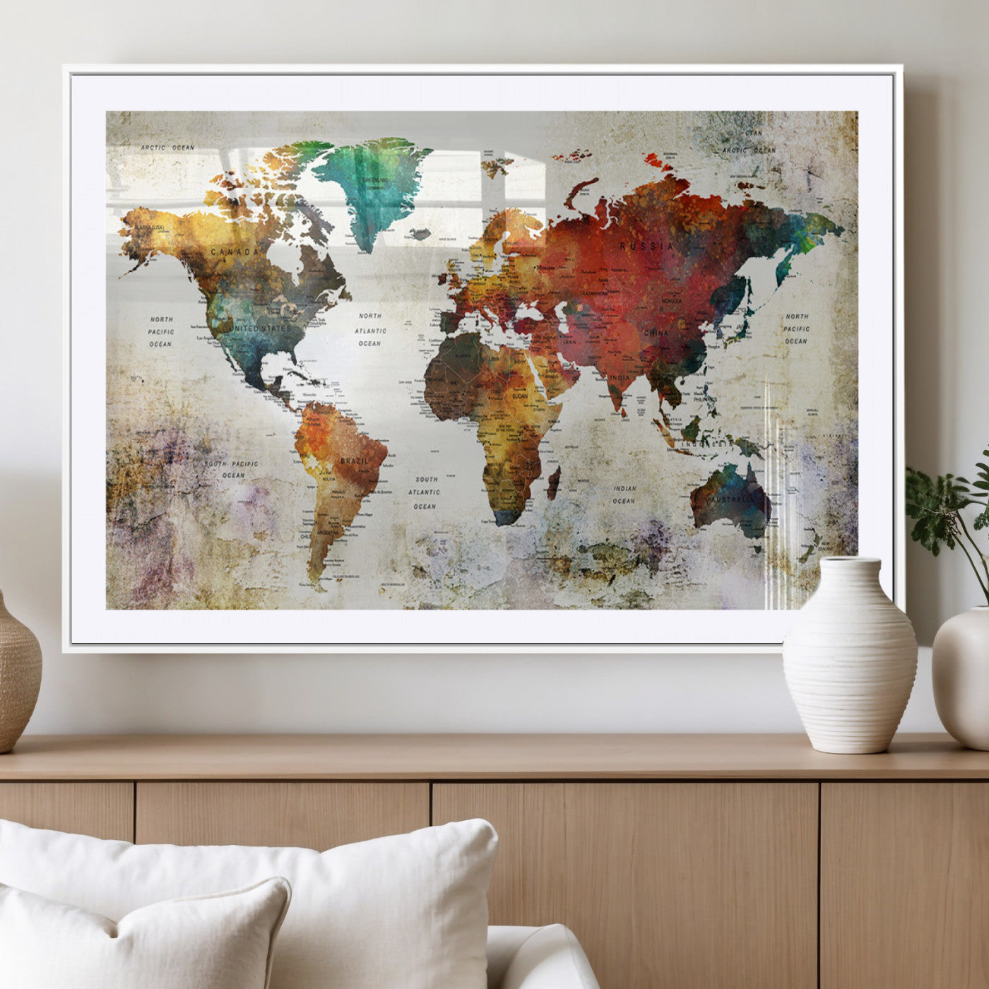 -Push Pin World Map Canvas Print – Framed Wall Art for Couples to Track Their Travels – Anniversary