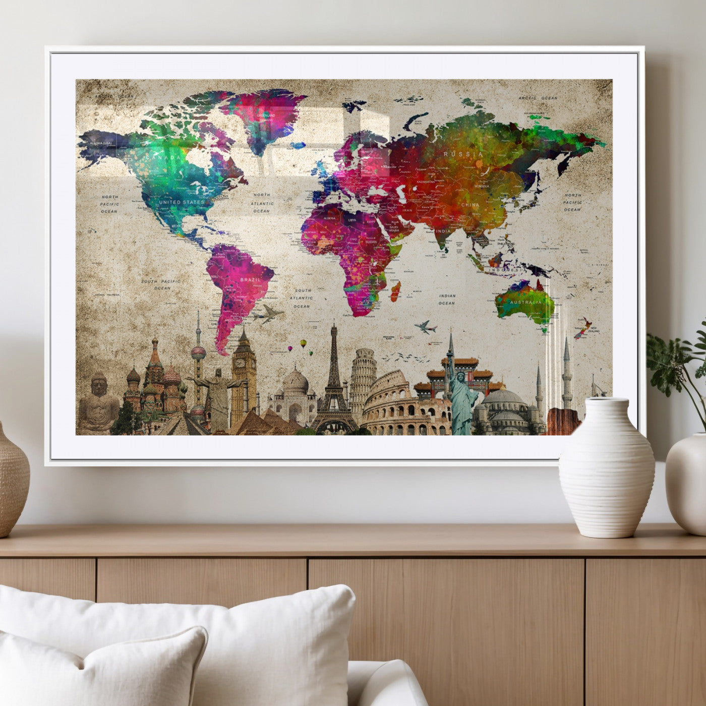 MGC-FP-36x24 - Push Pin World Map Canvas Print – Framed Wall Art for Couples to Track Their Travels – Anniversary