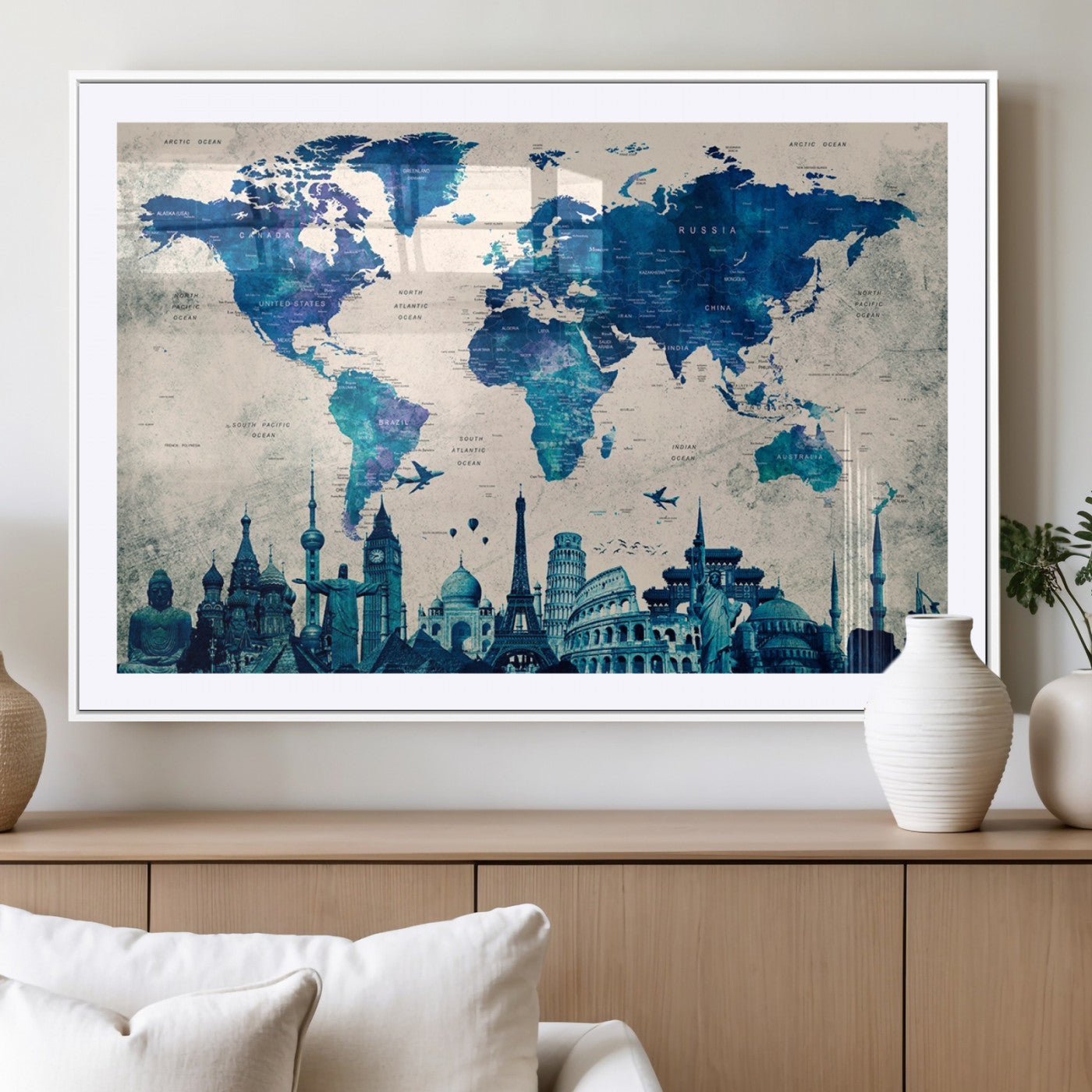 MGC-FP-36x24 - Navy Blue World Map Canvas Print, Wonder of World Map Push Pin Canvas Print