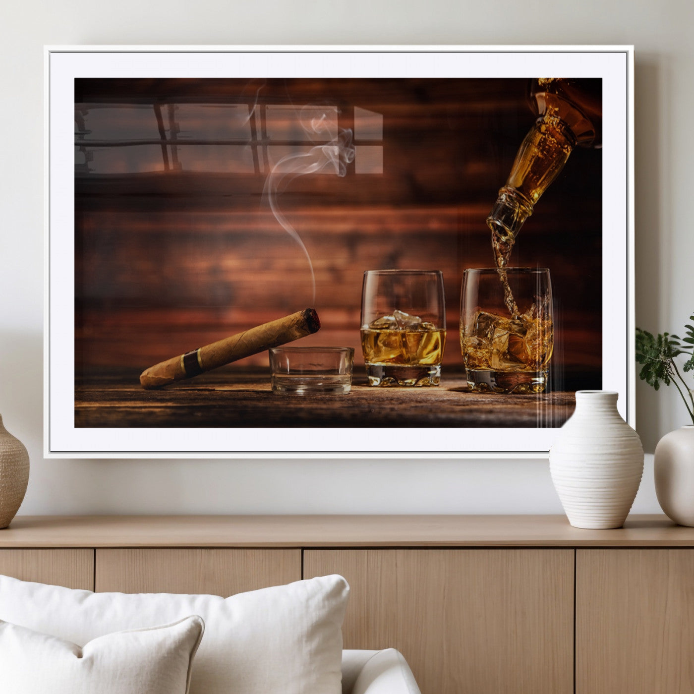 MGC-FP-36x24 - Whiskey and Cigar Wall Art Canvas | 3 Panel Bar Room Decor for Home Lounge, Office, or Man Cave |
