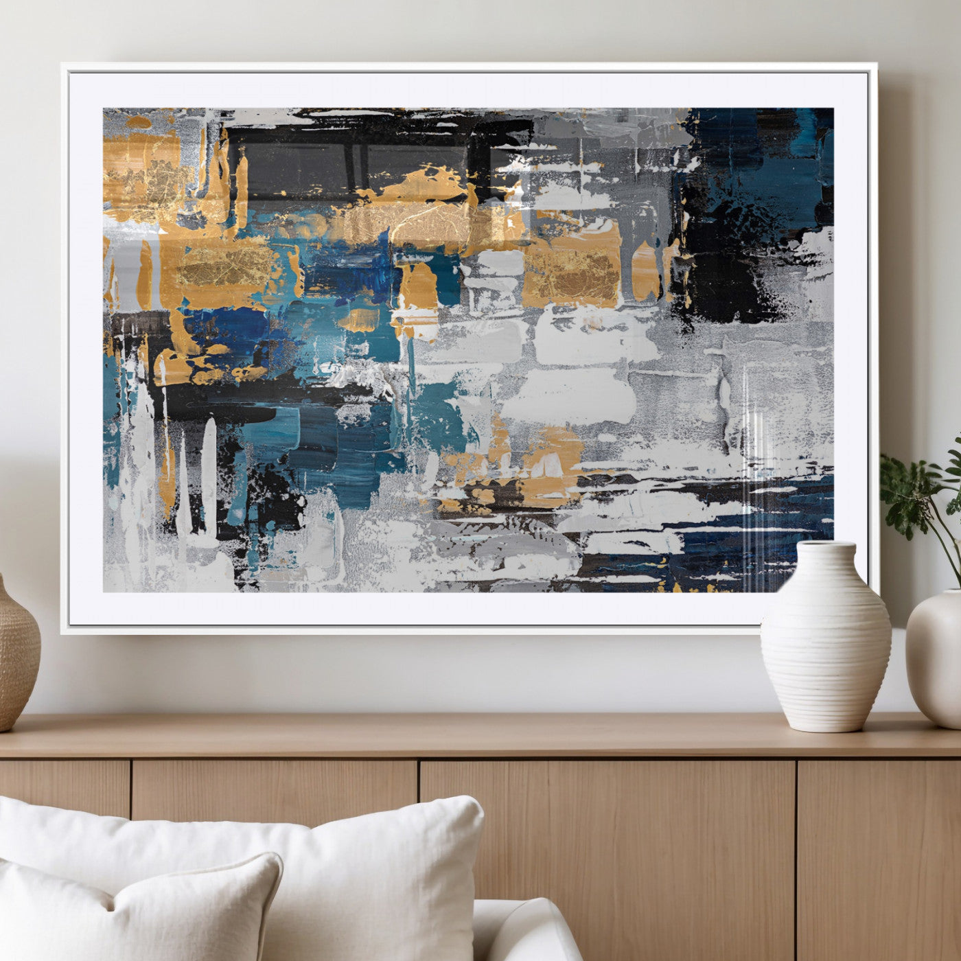 57708-MGV-CV-36X24-Blue and Gold Abstract Canvas Wall Art – Triptych Modern Painting for Living Room – Framed and Ready to Hang