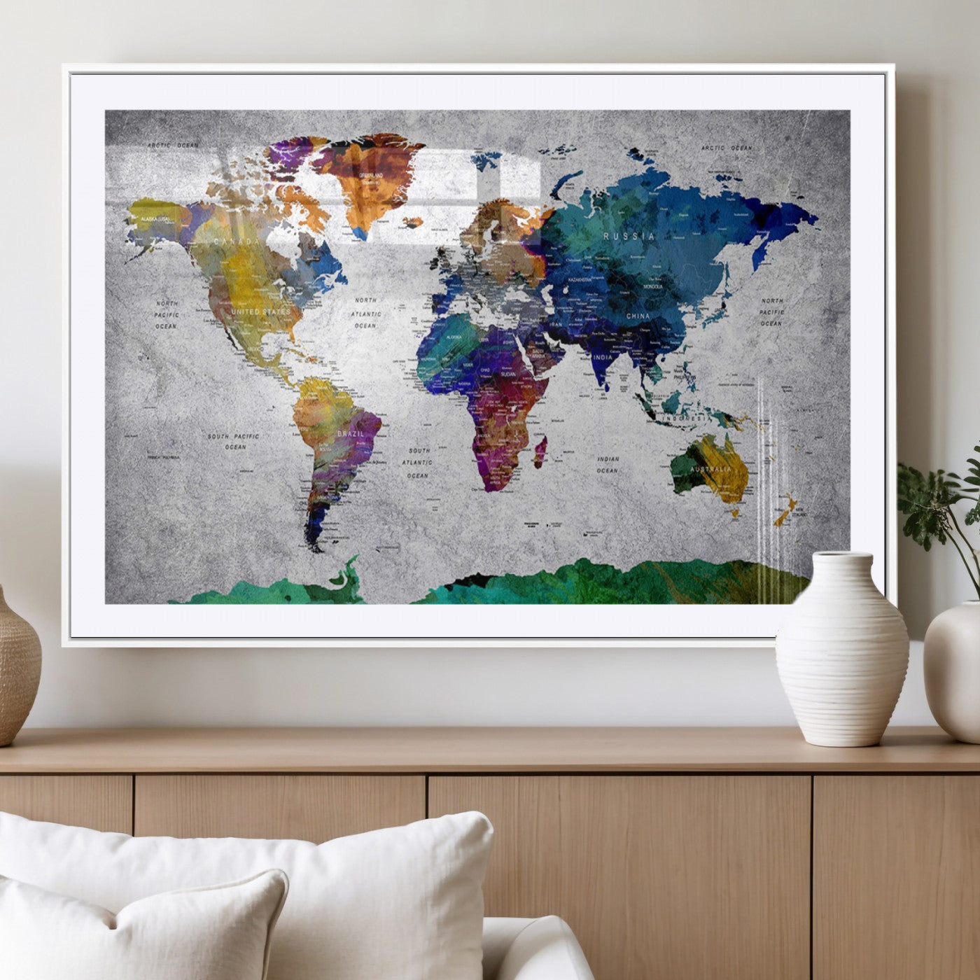 MGC-FP-36x24 - Push Pin World Map Canvas Print – Framed Wall Art for Couples to Track Their Travels – Anniversary