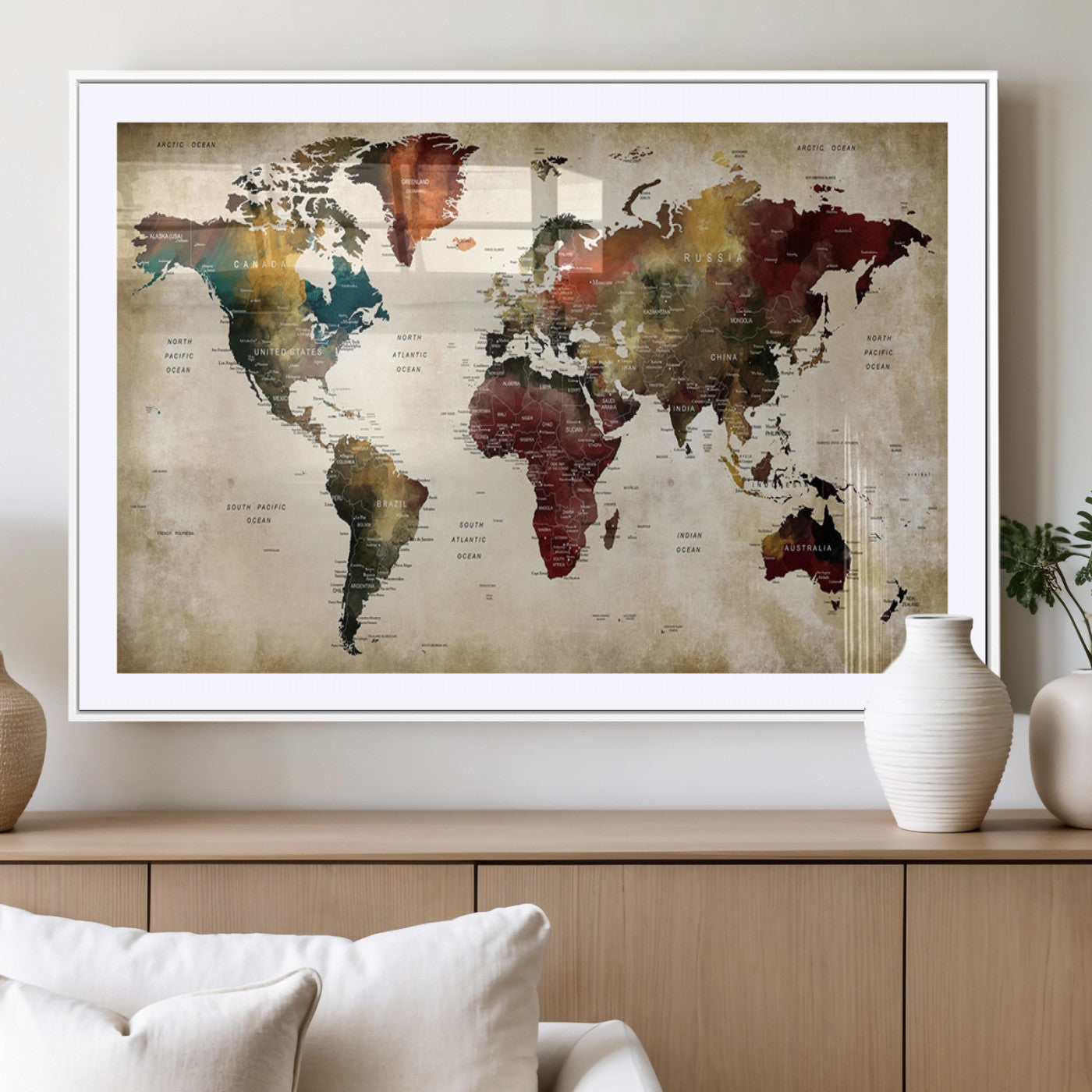 MGC-FP-36x24 - Large World Map Wall Art Canvas Print, Framed Push Pin Map Art Picture Print, Abstract Traveller Map Perfect Modern Decor Artwork