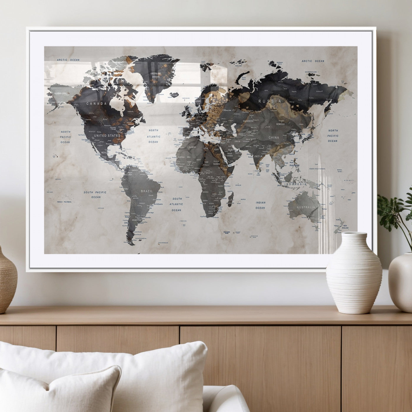MGC-FP-36x24 - Push Pin World Map Canvas Print – Framed Wall Art for Couples to Track Their Travels – Anniversary