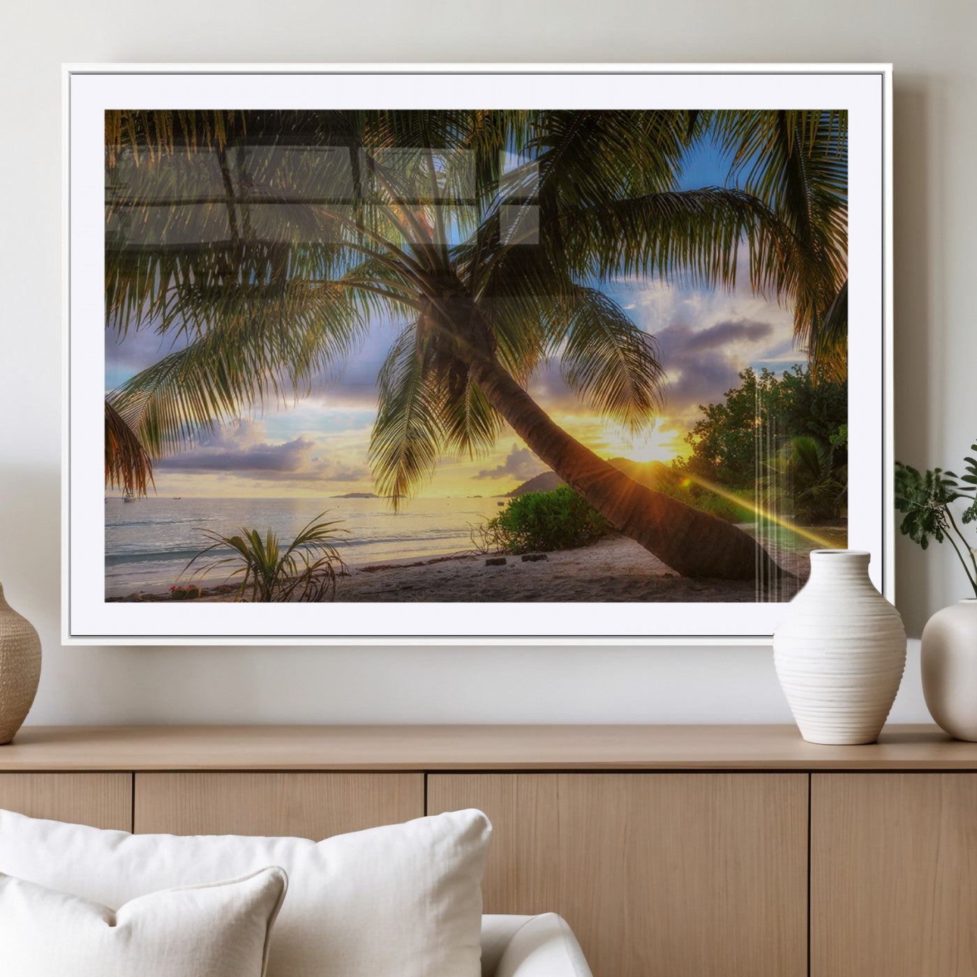 MGC-FP-36x24 - Tropical Island Sunset on the Beach Palms Wall Art Canvas Print