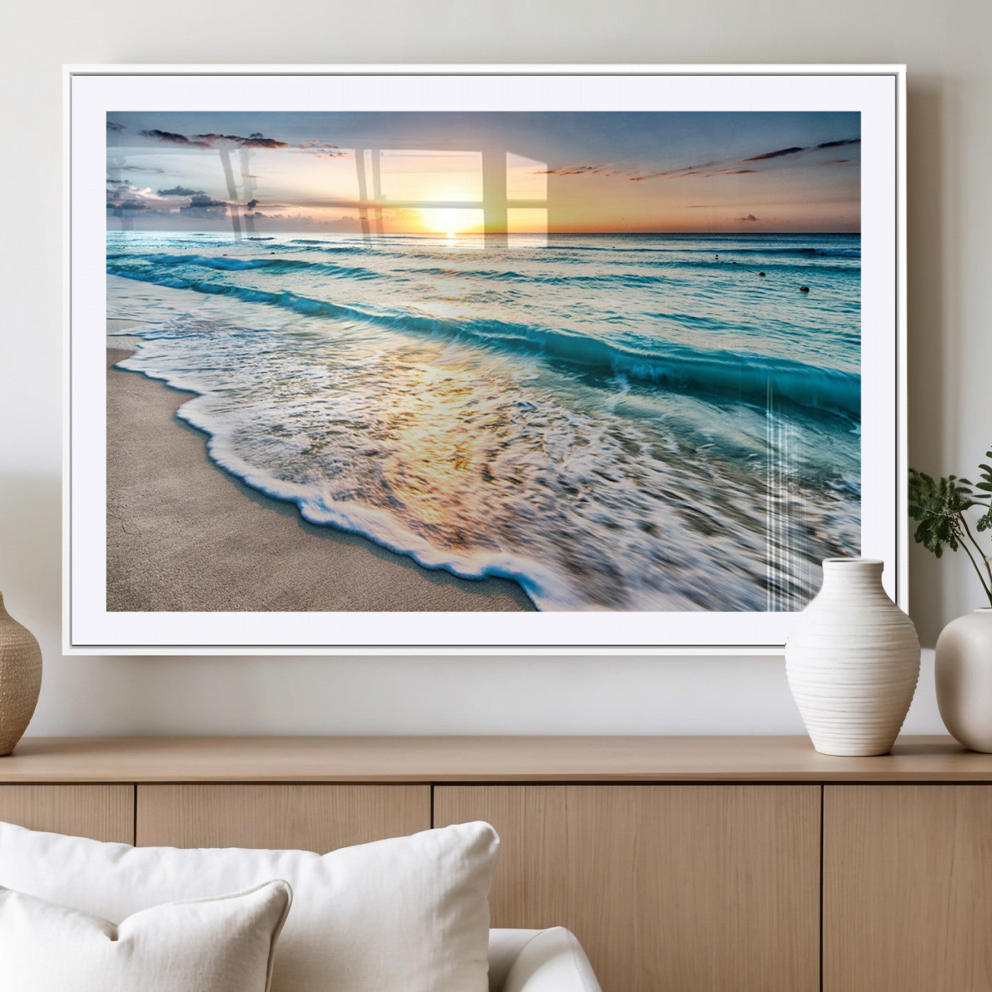 MGC-FP-36x24 - Sunset Beach Waves Canvas Wall Art – 5-Panel Ocean Sunset Print – Coastal Decor for Living Room or