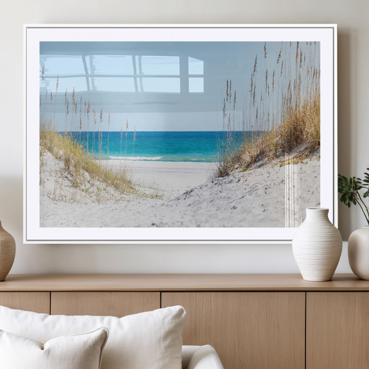MGC-FP-36x24 - Serene Coastal Dune Path with Ocean View, 3-Panel Beach Canvas Wall Art, Tranquil Seascape Giclee